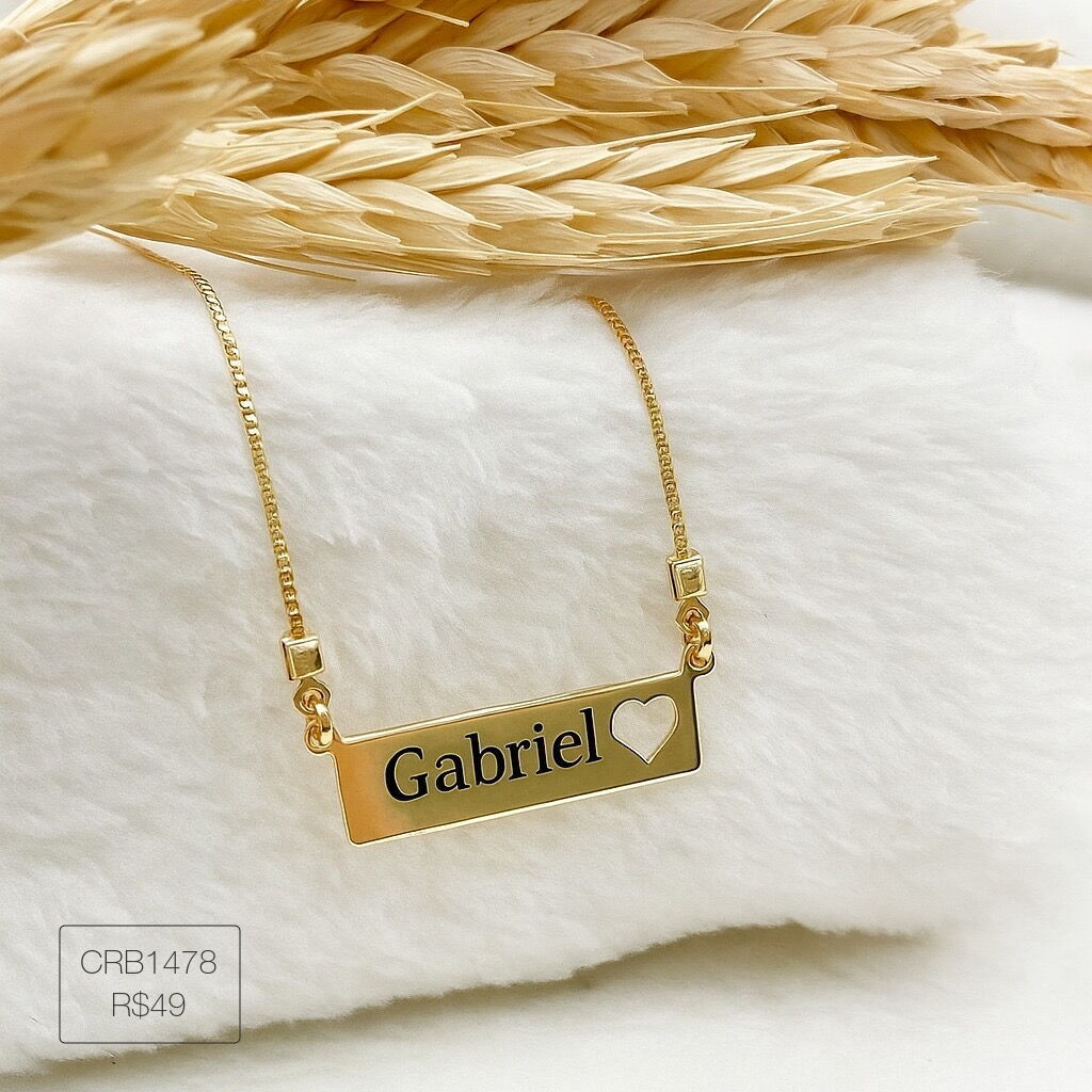 Colar de Plaquinha 2,5 x 0,7 c/ Coração Vazado Liso Dourado